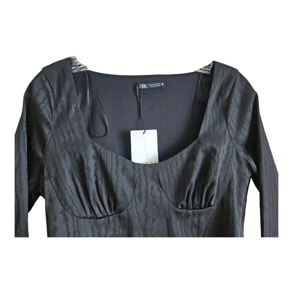 ZARA Women's L Blouse Cropped Bustier Black Satiny Long Sleeve Lined NEW NWT